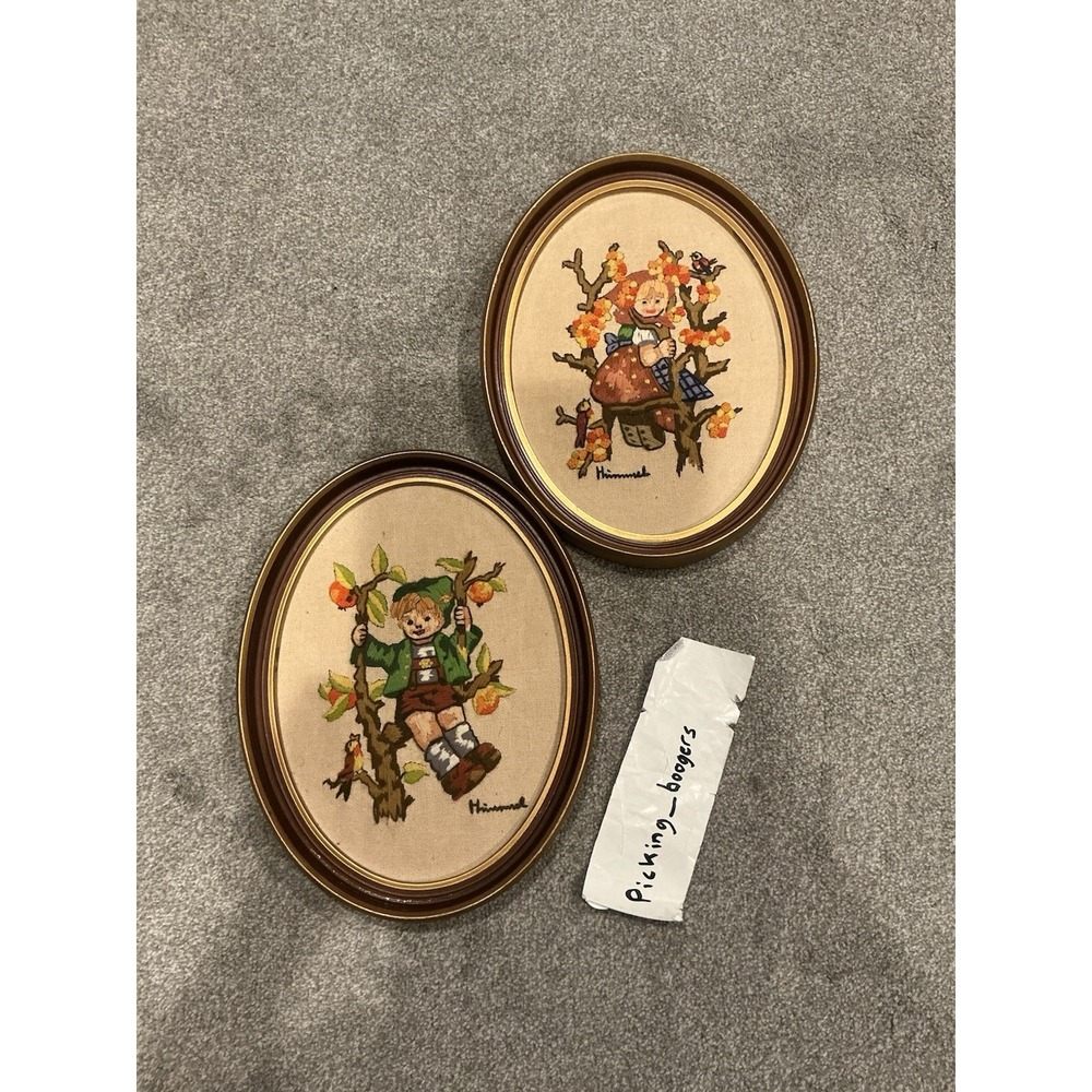 Vintage Set of 2 Framed Handmade Needlepoint Cross-stitch Hummel Farm Boy Girl